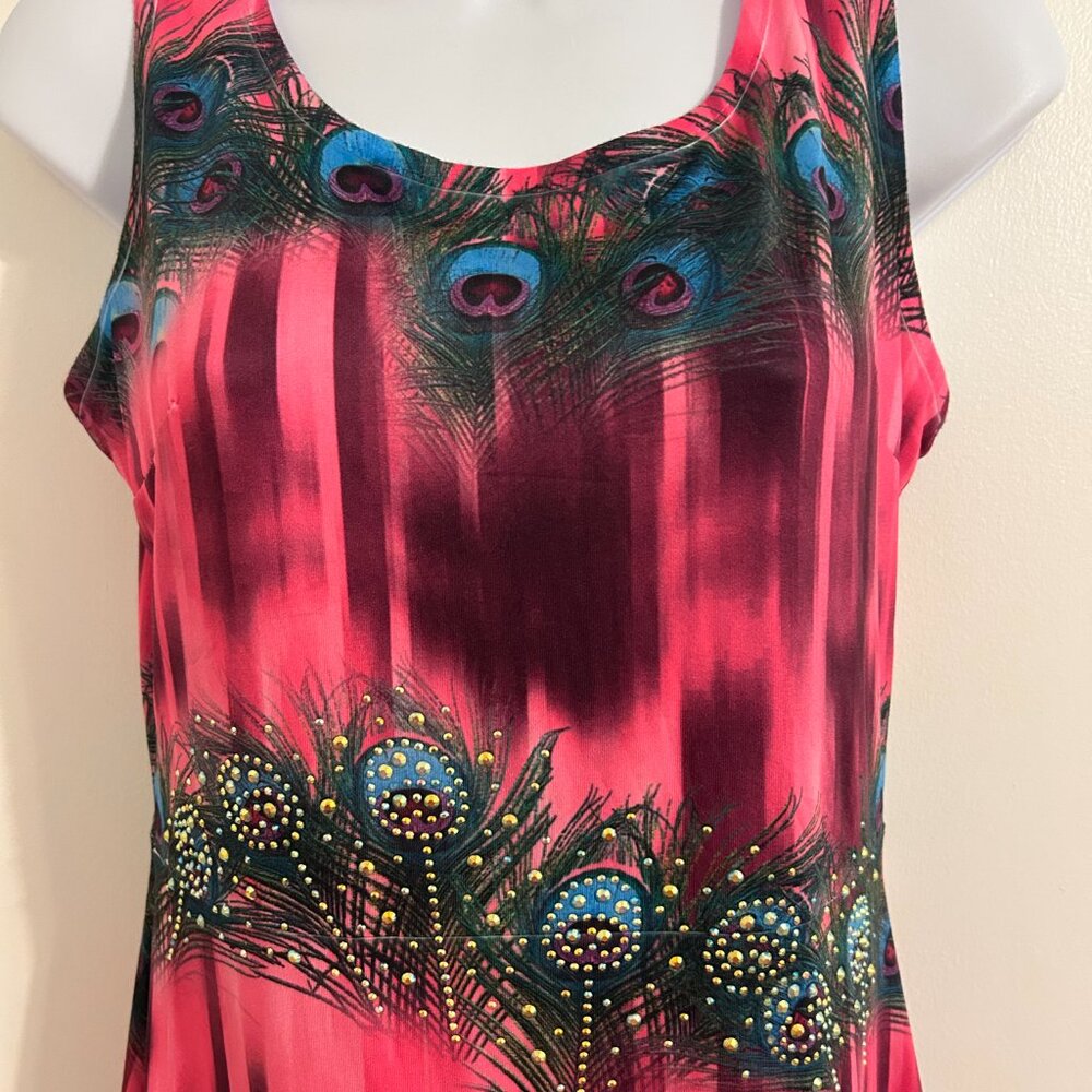 Pink & Multi Color Peacock Dress Size Small Sundress, Beach, Casual, F1 - Picture 3 of 4